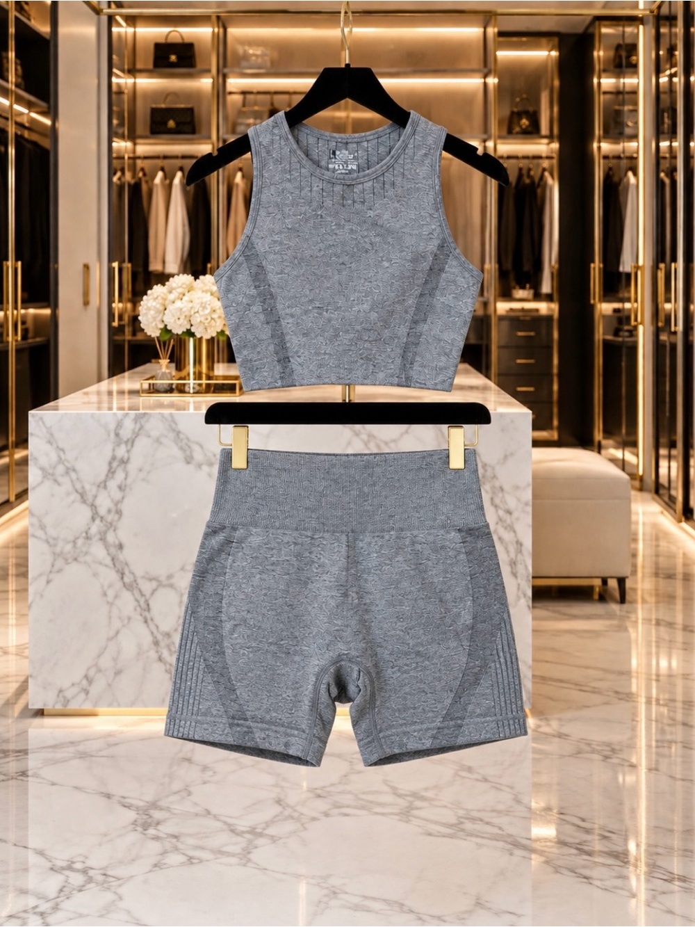 Gray Seamless High-Waist Women’s Shorts & Crop Tank Set